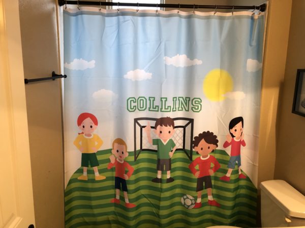 Custom soccer shower curtain from Just So Posh