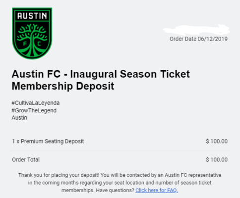 Austin FC season ticket membership deposit confirmation